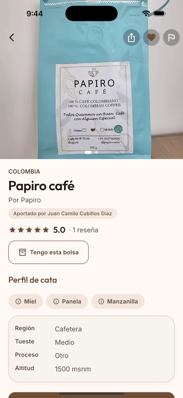Ficha de un café de especialidad: calificación, notas de cata, región, tueste, proceso y altitud.
